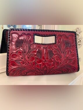 Red Tooled Leather Floral Cutout Wristlet Clutch